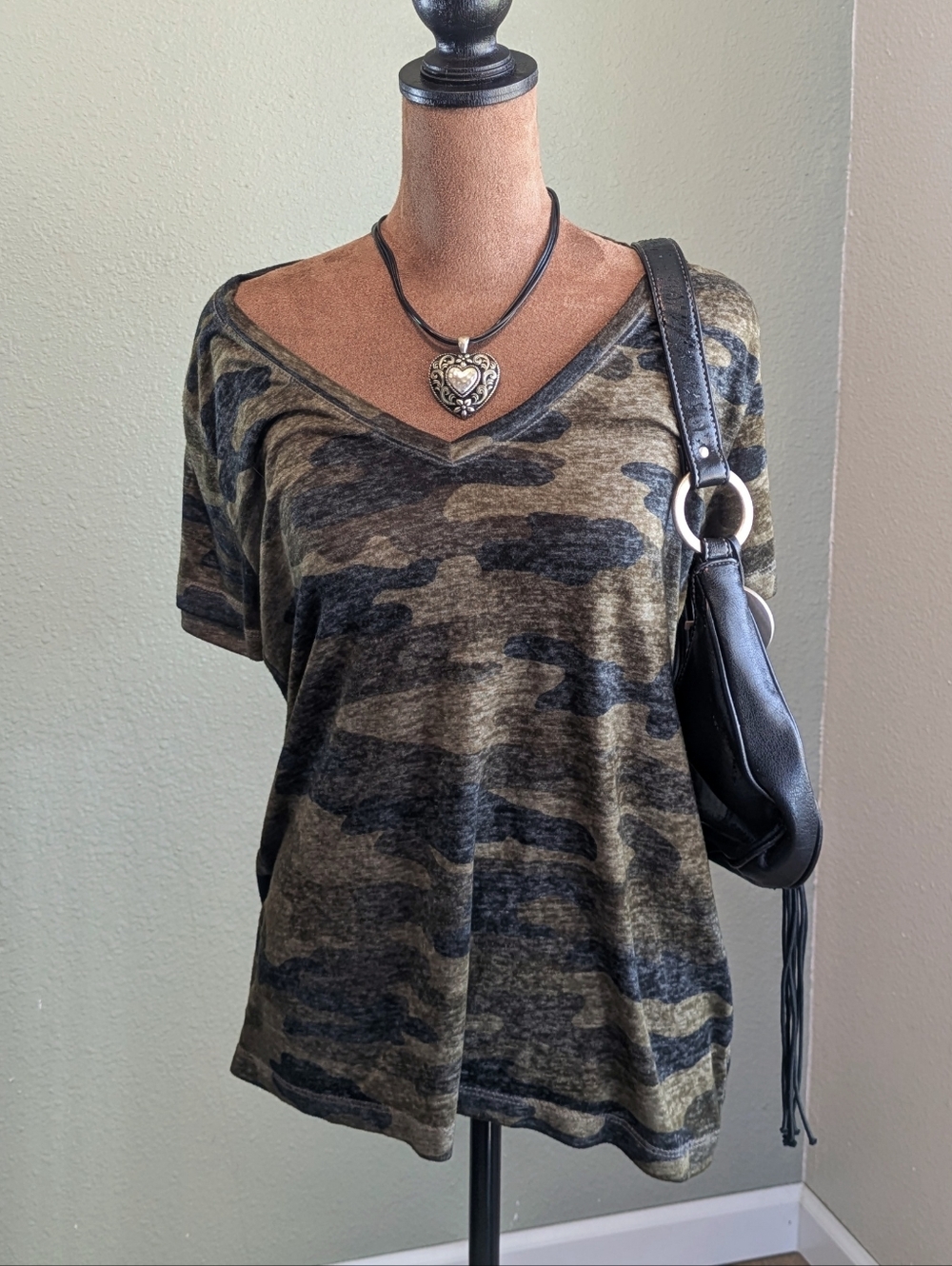Lucky Brand Olive & Black Camo V-Neck Short Sleeve Top